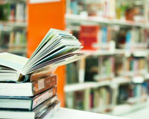 Bundle of books in the library on the display